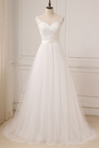 A-line Jewel Neck Sleeveless Chapel Train Tulle Bridal Gown With Appliques