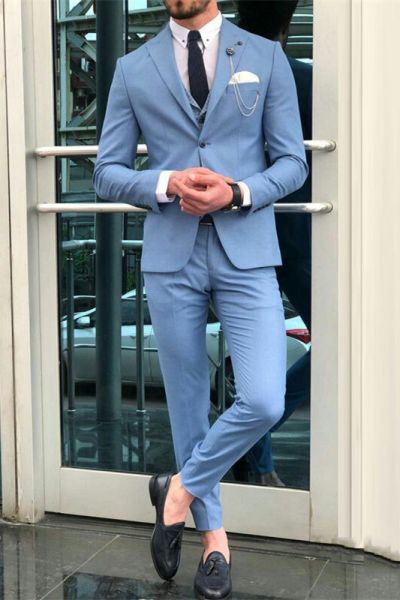 Blue Single Breasted Men's Suit with Peaked Lapel for Prom
