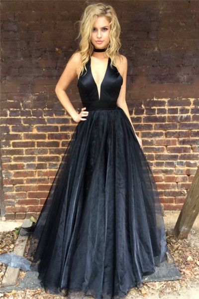 A-line Plunging Neckline Sleeveless Floor-length Tulle Evening Dress