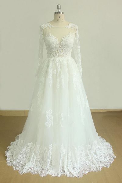 A-line Jewel Neck Long Sleeves Court Train Tulle Wedding Dress With Lace