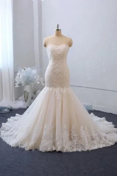 Mermaid Sweetheart Neck Sleeveless Court Train Tulle Bridal Gown With Pearls