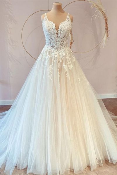 A-line V-neck Sleeveless Court Train Tulle Bridal Gown With Lace
