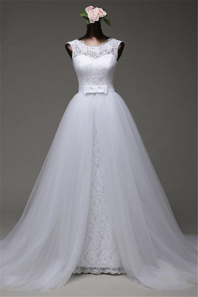 Mermaid Jewel Neck Sleeveless Floor-length Tulle Wedding Dress With Lace