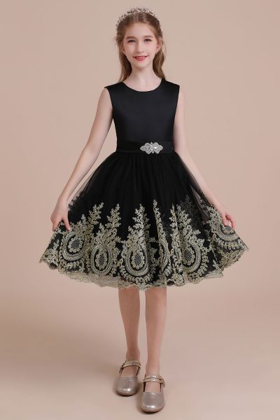 A-line Jewel Neck Sleeveless Knee-length Satin Flower Girl Dress With Appliques