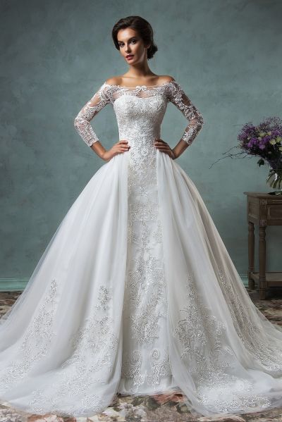 Off the Shoulder Wedding Dress with Long Sleeves and Detachable Train