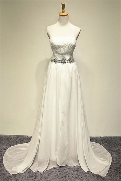 A-line Strapless Sleeveless Sweep / Brush Train Satin Bridal Gown With Crystal