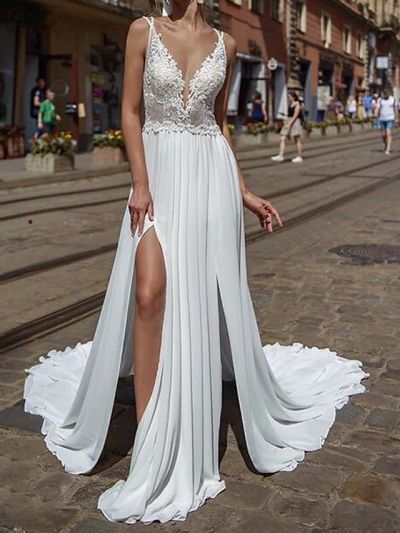 A-line V-neck Sleeveless Court Train 100D Chiffon Wedding Gown With Lace
