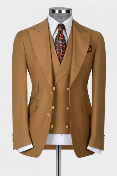 Brown Three Pieces Peaked Lapel Business Men Suit
