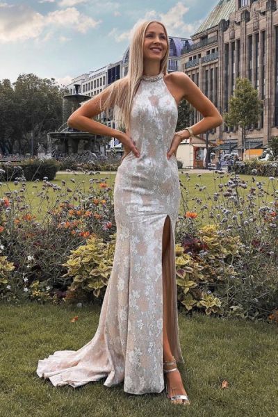Mermaid One Shoulder Sleeveless Floor-length Lace Evening Dress With Crystal