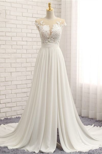 A-line Jewel Neck Sleeveless Court Train Tulle Wedding Gown With Appliques
