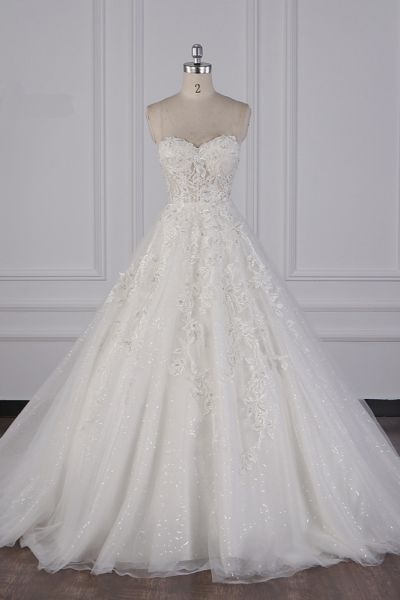 A-line Strapless Straps Sweetheart Neck Sleeveless Floor-length Tulle Bridal Dress With Lace