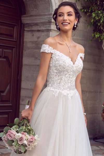 A-line Off-the-shoulder Sleeveless Court Train Tulle Wedding Gown With Pearls