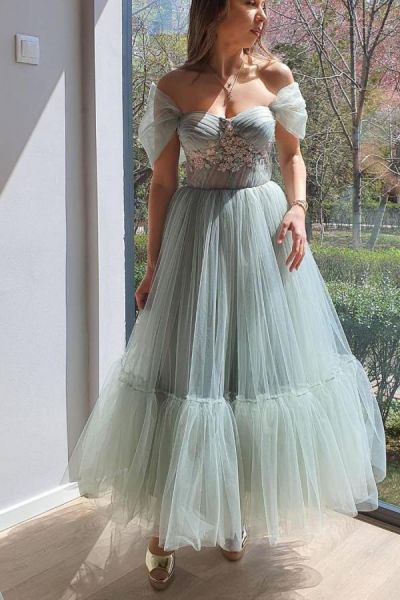 A-line Jewel Neck Sleeveless Ankle-length Tulle Party Dress With Ruffles