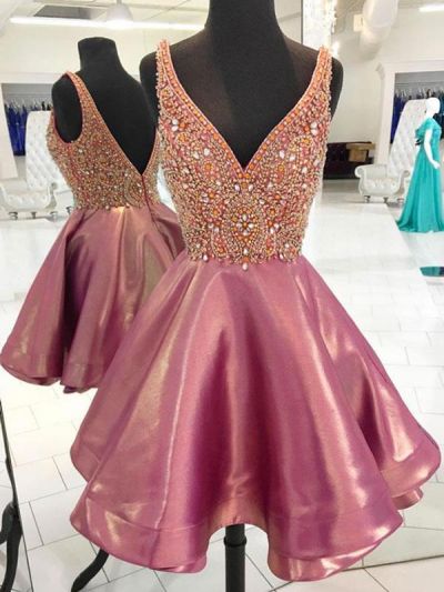 A-line V-neck Sleeveless Mini Homecoming Dress With Crystal