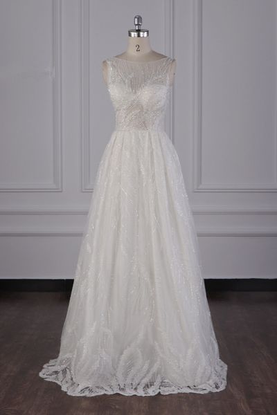 A-line Jewel Neck Sleeveless Floor-length Tulle Bridal Dress With Ruffles
