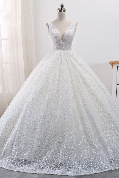 Ball Gown Straps V-neck Sleeveless Floor-length Tulle Wedding Dress With Sequins