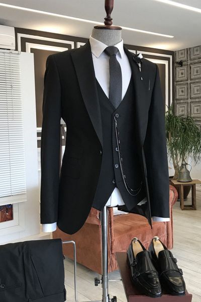 Black Peaked Lapel Slim Fit Business Suit