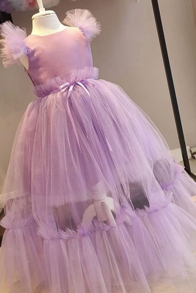 Jewel Neck Cap Sleeves Tulle Flower Girl Dress With Ribbons