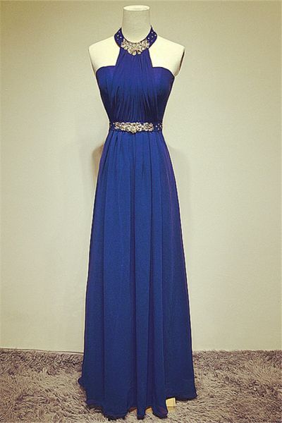 A-line Halter-neck Sleeveless Floor-length 100D Chiffon Evening Dress With Crystal