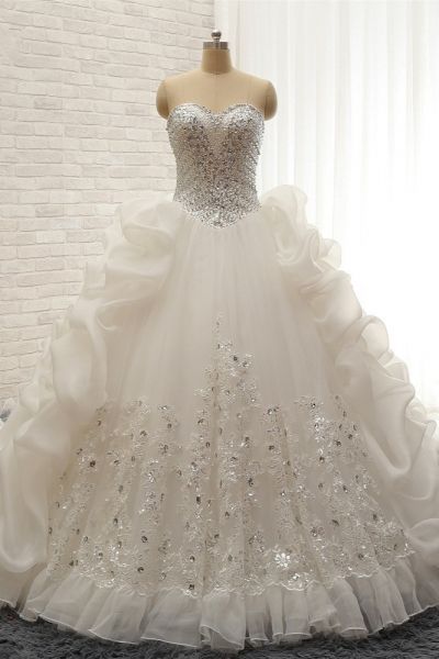 A-line Sweetheart Neck Floor-length Tulle Bridal Dress With Sequins