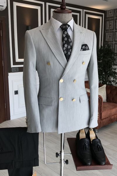 Silver Double Breasted Suit with Peaked Lapel