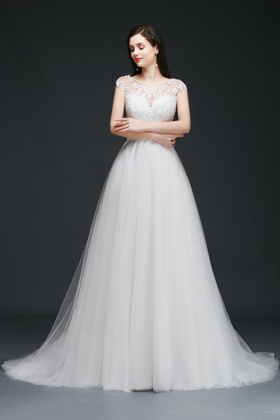 A-line Scoop Neck Sleeveless Chapel Train Tulle Bridal Gown With Ribbons