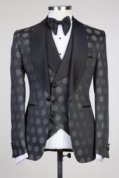 Black Pattern One Button Shawl Lapel Men Suit