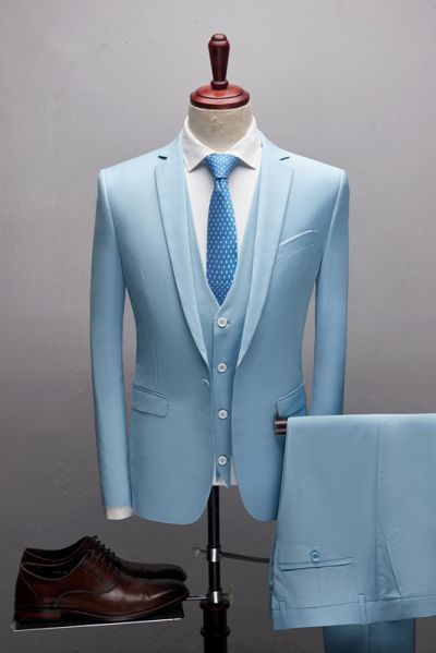Sky Blue Three Pieces Prom Outfit for Boys with Notched Lapel