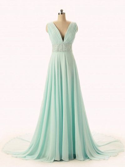 A-line V-neck Sleeveless Floor-length 100D Chiffon Evening Gown With Crystal