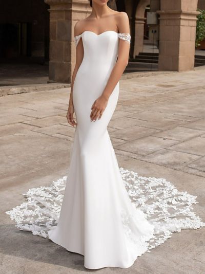 Mermaid Short Sleeves Court Train Tulle Bridal Gown With Lace