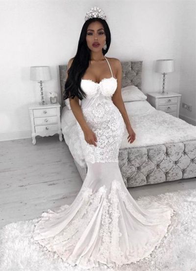 Mermaid Spaghetti Straps Sleeveless Sweep / Brush Train Bridal Gown With Lace