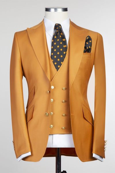 Dark Yellow Three Pieces  Men Suit with Peaked Lapel