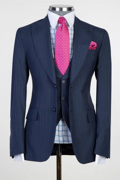 Dark Navy Peaked Lapel Slim Fit Business Men Suit