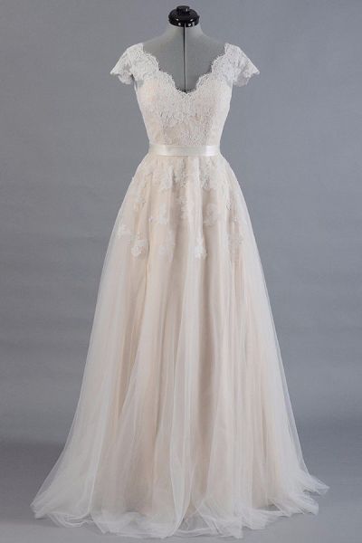 A-line V-neck Short Sleeves Floor-length Tulle Bridal Dress With Ribbons