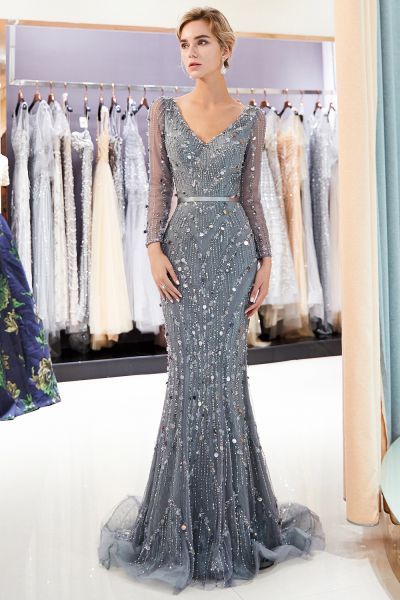 Mermaid V-neck Long Sleeves Court Train Tulle Evening Dress With Crystal