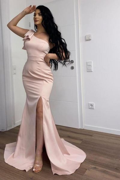 Mermaid One Shoulder Sleeveless Floor-length Stretch Satin Evening Dress With Ruffles