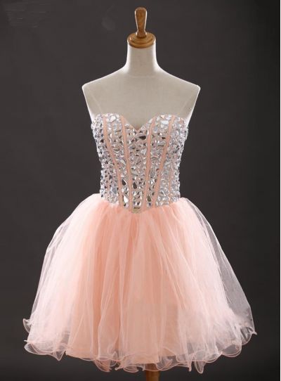 A-line Sweetheart Neck Sleeveless Mini Organza Homecoming Dress With Crystal