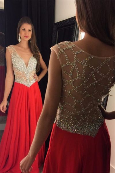 A-line V-neck Sleeveless Sweep / Brush Train 100D Chiffon Cocktail Party Dress With Beading