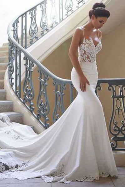 Mermaid V-neck Sleeveless Court Train 100D Chiffon Bridal Gown With Lace