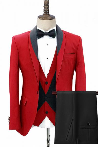Red Three Pieces  Shawl Lapel Wedding Suit for Men