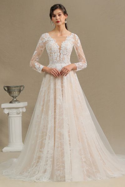 A-line Plunging Neckline Long Sleeves Sweep / Brush Train Tulle Wedding Dress With Lace