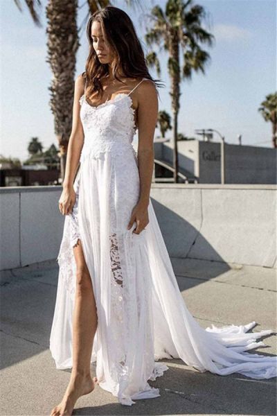 A-line Spaghetti Straps Sleeveless Floor-length Wedding Dress With Lace