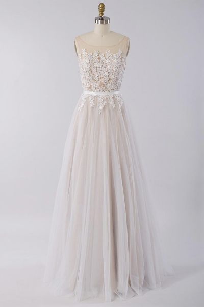 A-line Jewel Neck Sleeveless Floor-length Tulle Wedding Dress With Appliques