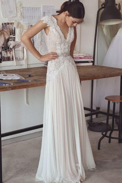 A-line V-neck Floor-length 100D Chiffon Bridal Dress With Lace