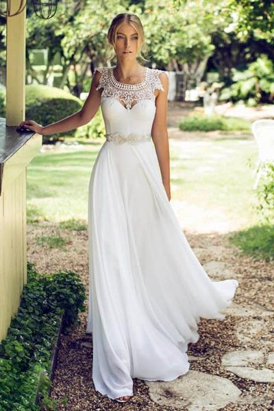A-line Jewel Neck Sleeveless Floor-length 100D Chiffon Wedding Gown With Lace