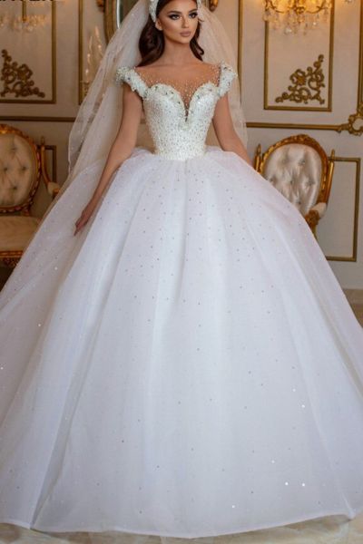 Off-the-shoulder Sleeveless Chapel Train Organza Bridal Dress With Beading