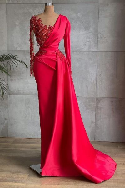Mermaid V-neck Long Sleeves Floor-length Satin Evening Dress With Beading