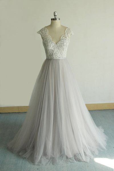 A-line V-neck Short Sleeves Floor-length Tulle Wedding Dress With Lace