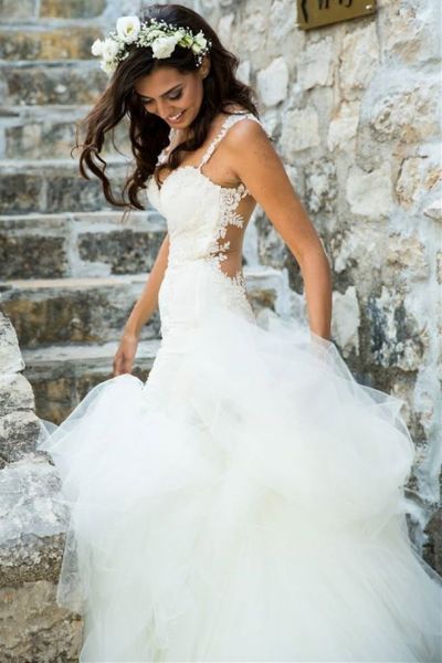 Mermaid Spaghetti Straps Sleeveless Sweep / Brush Train Tulle Bridal Gown With Lace