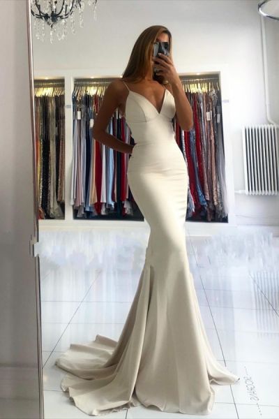 Mermaid Spaghetti Straps Sleeveless Sweep / Brush Train Satin Formal Dress With Ruffles